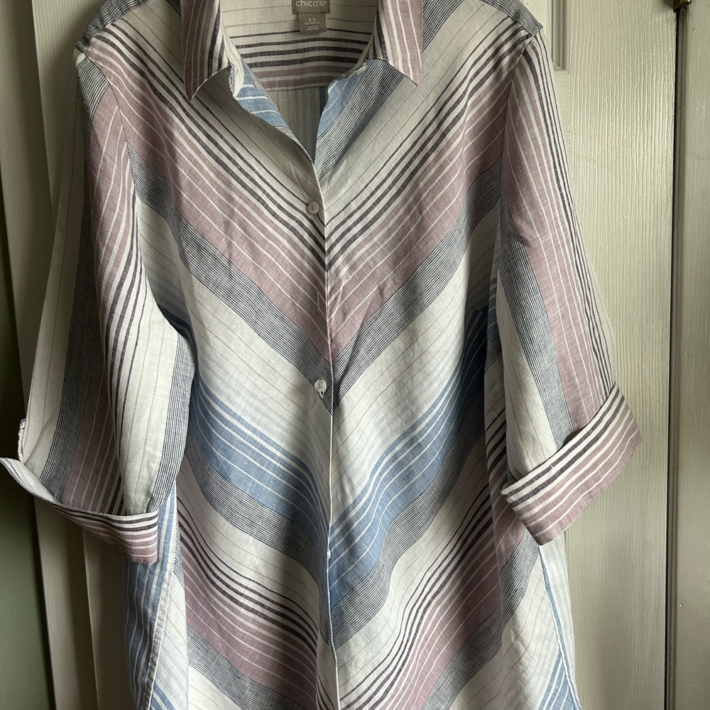 Chico's Striped Button-Down Shirt in Blue, Mauve & White